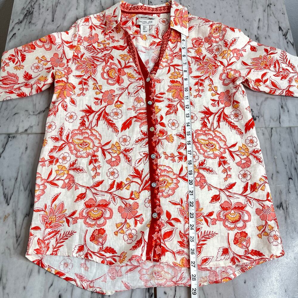 Rachel Zoe 100% Linen Floral Button Front Boho Shirt Top Small Red Salmon Coral - Picture 7 of 11